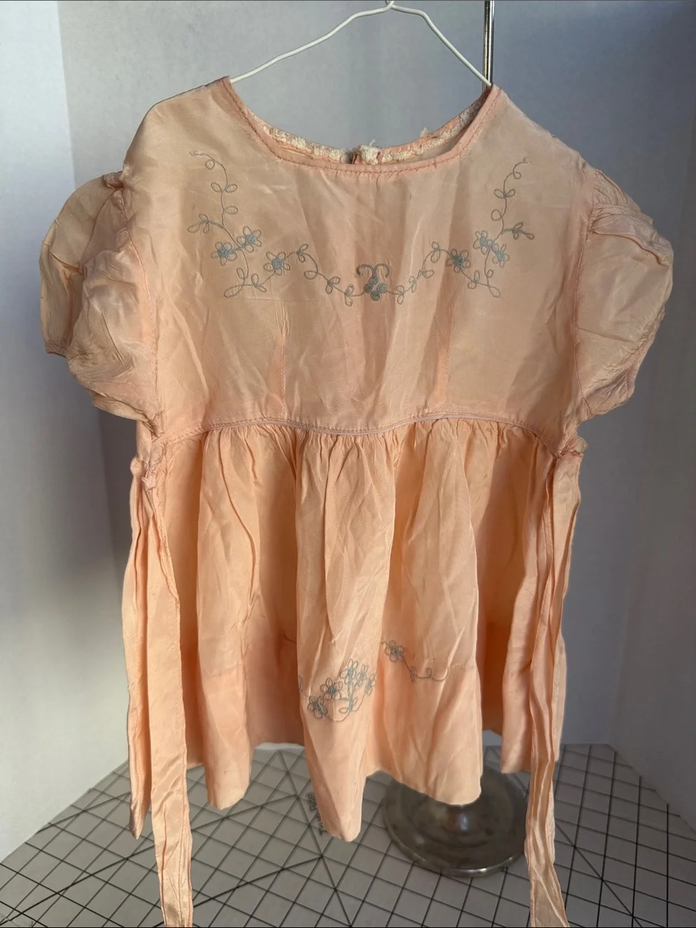 Antique 1920s Silk Child Dress Cutter Textile Peach Blue Embroidery Craft Doll F